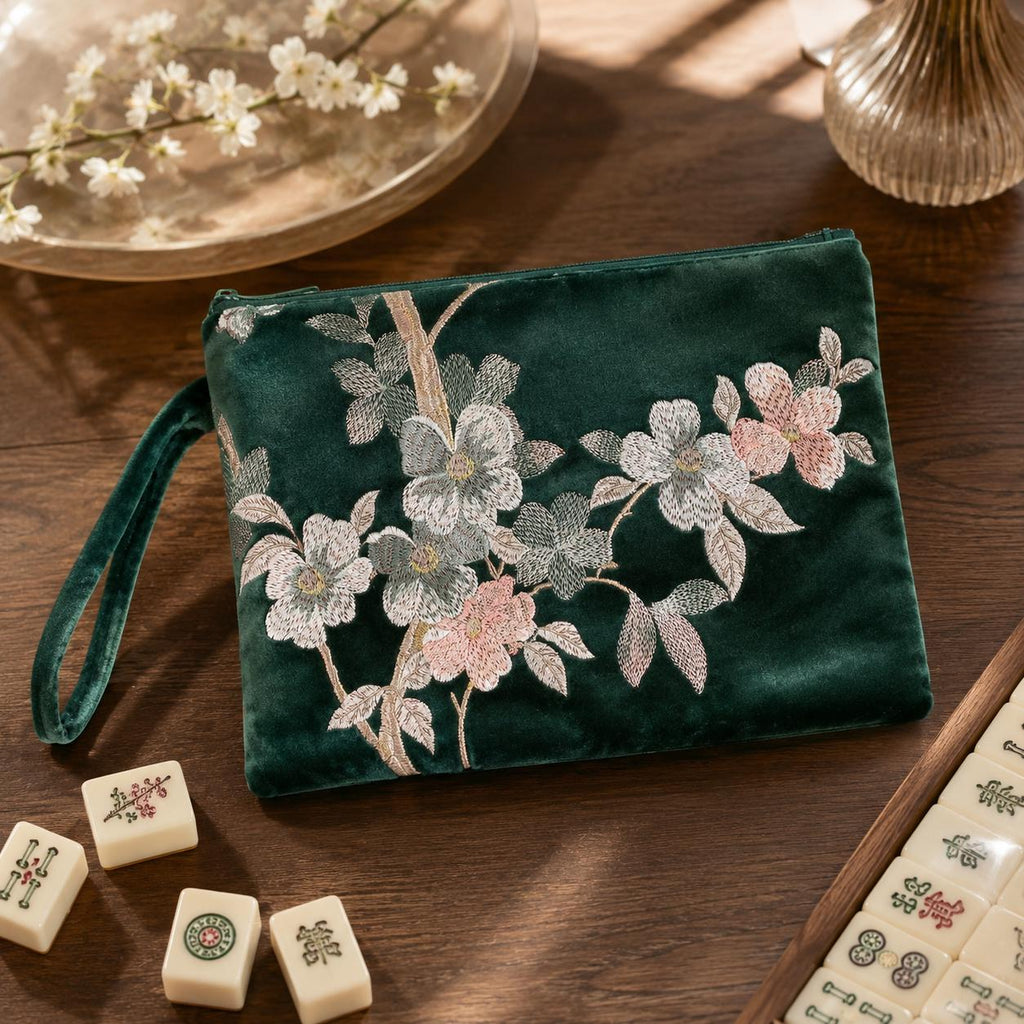 Velvet Embroidered Mahjong Pouch