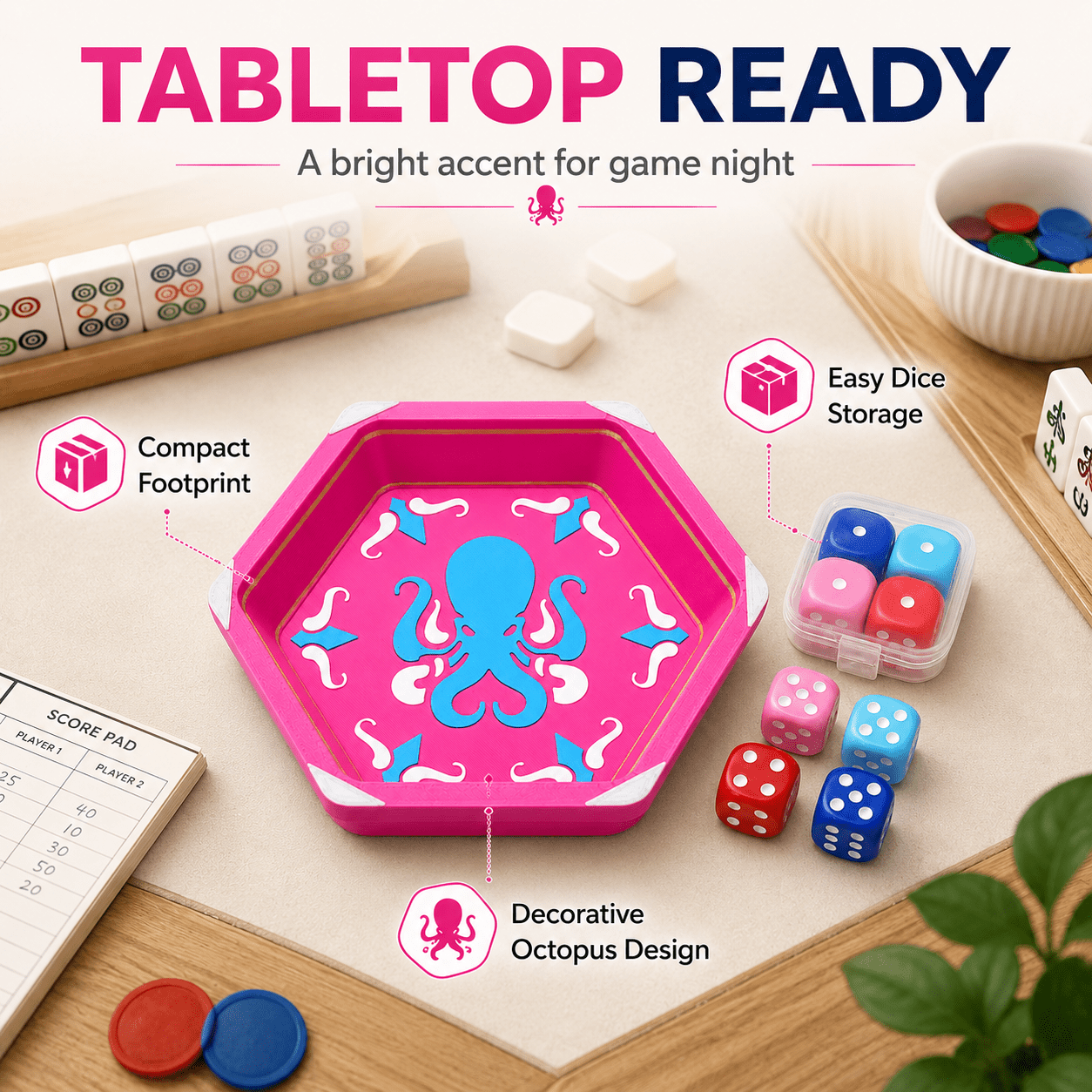 Pink Octopus Mahjong Dice Tray Set