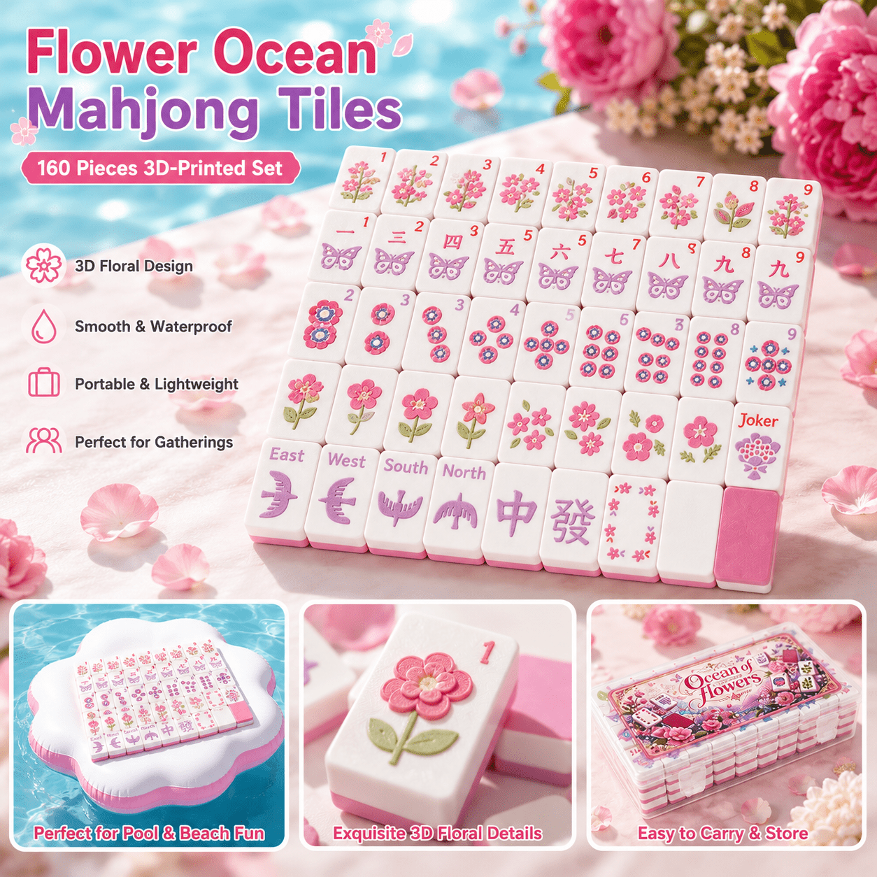Sea of Flowers Floating American Mahjong Set – 3D Printed Floral Pool Mahjong Tiles for Summer Game Night