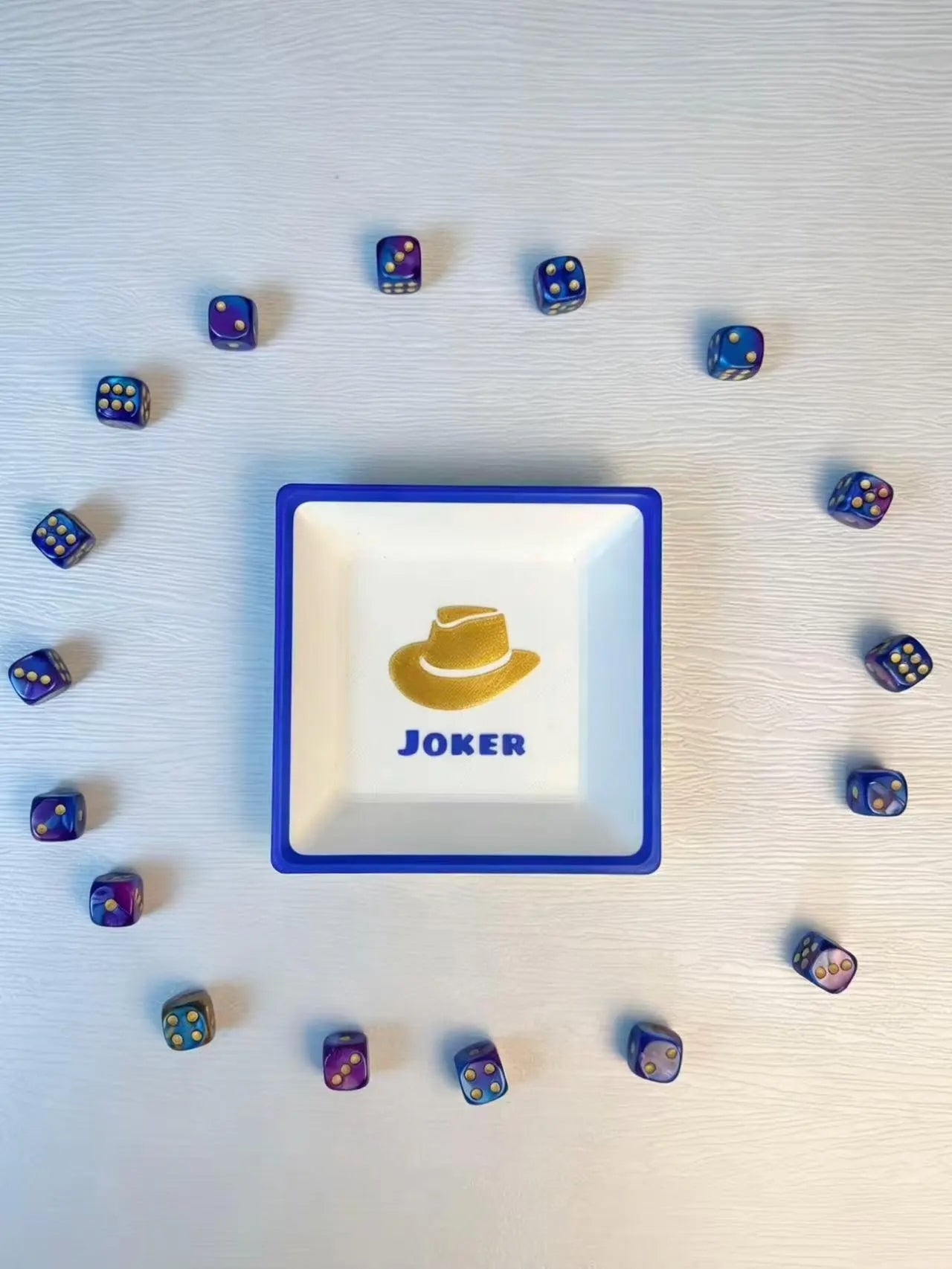 Cowboy Joker Mahjong Dice Tray – Blue & White Dice Holder