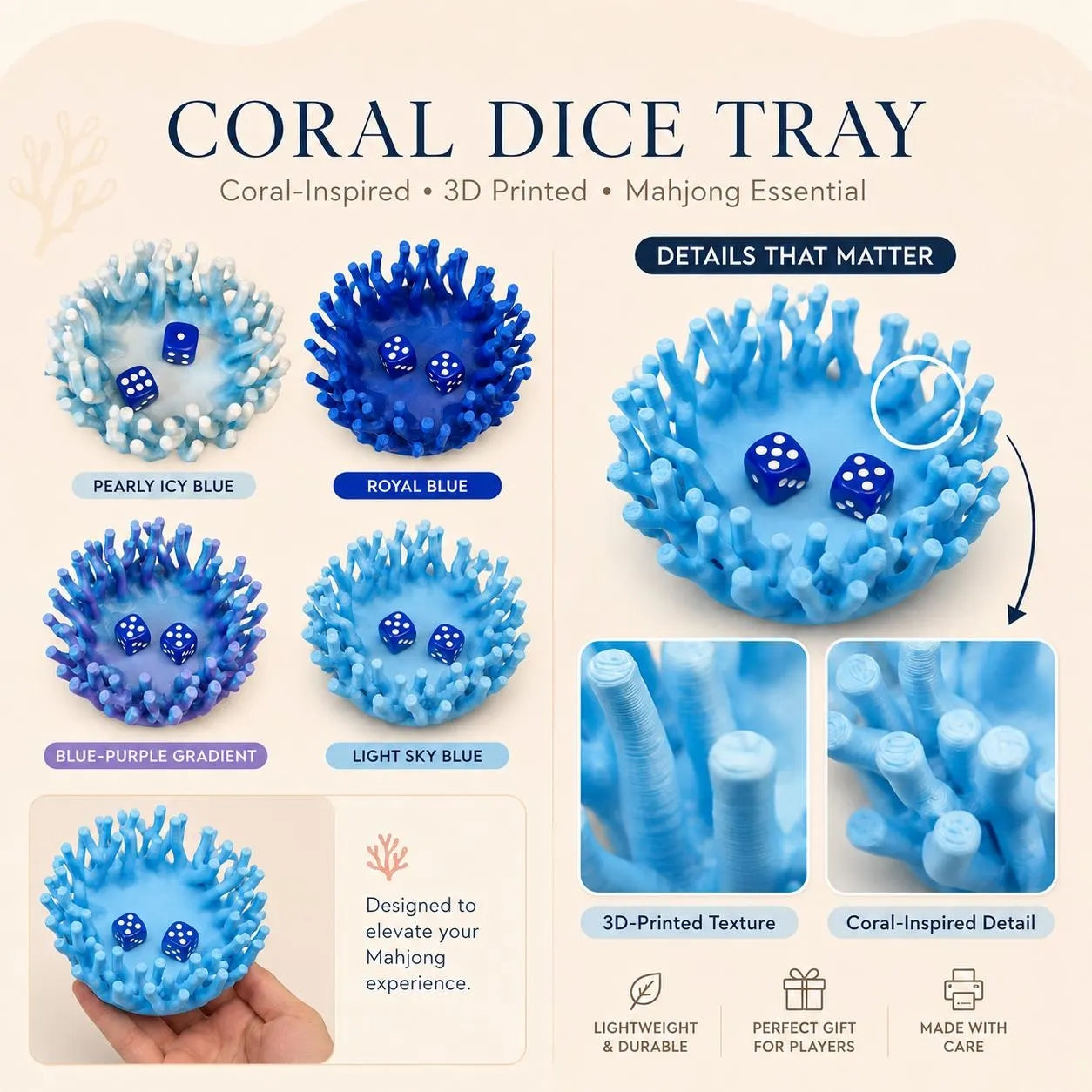Coral Mahjong Dice Tray – Ocean-Inspired Dice Holder for American Mahjong