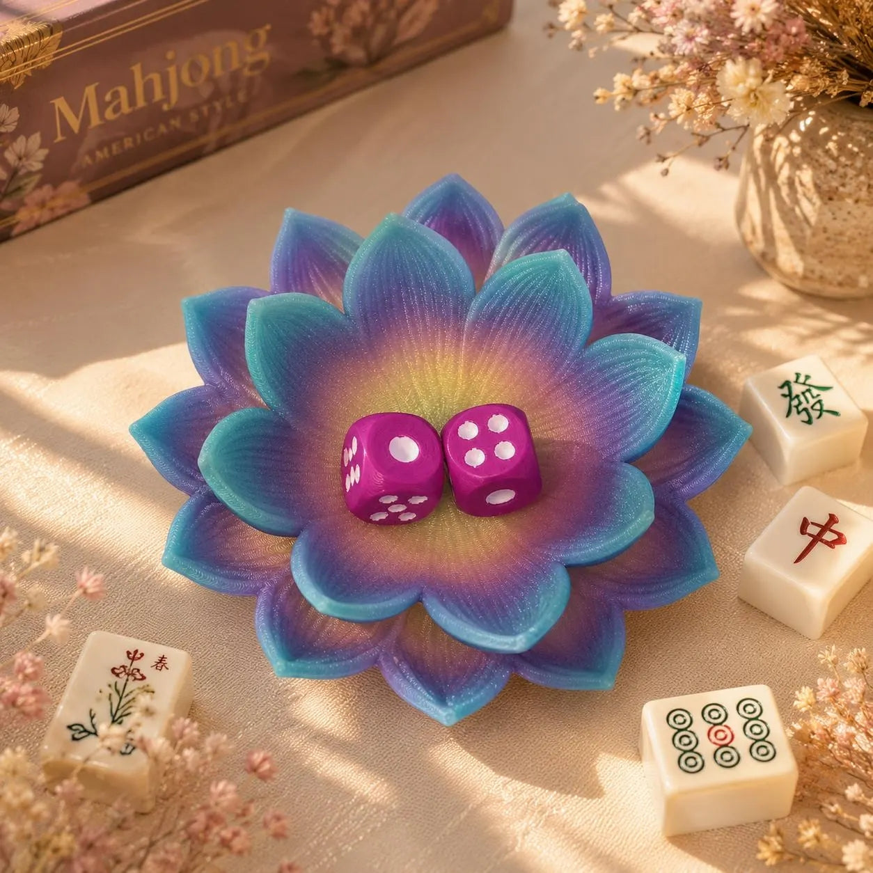 Lotus Mahjong Dice Tray | 3D-Printed Flower Dice Holder