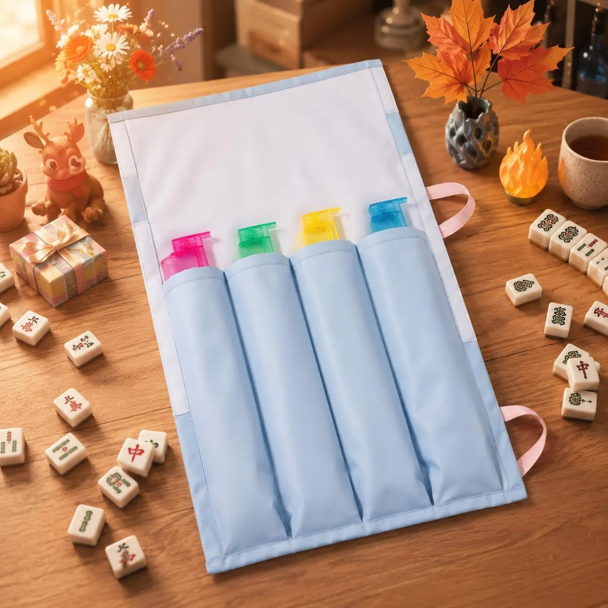 Mahjong Rack & Pusher Storage Bag | 4-Pocket Roll-Up Organizer