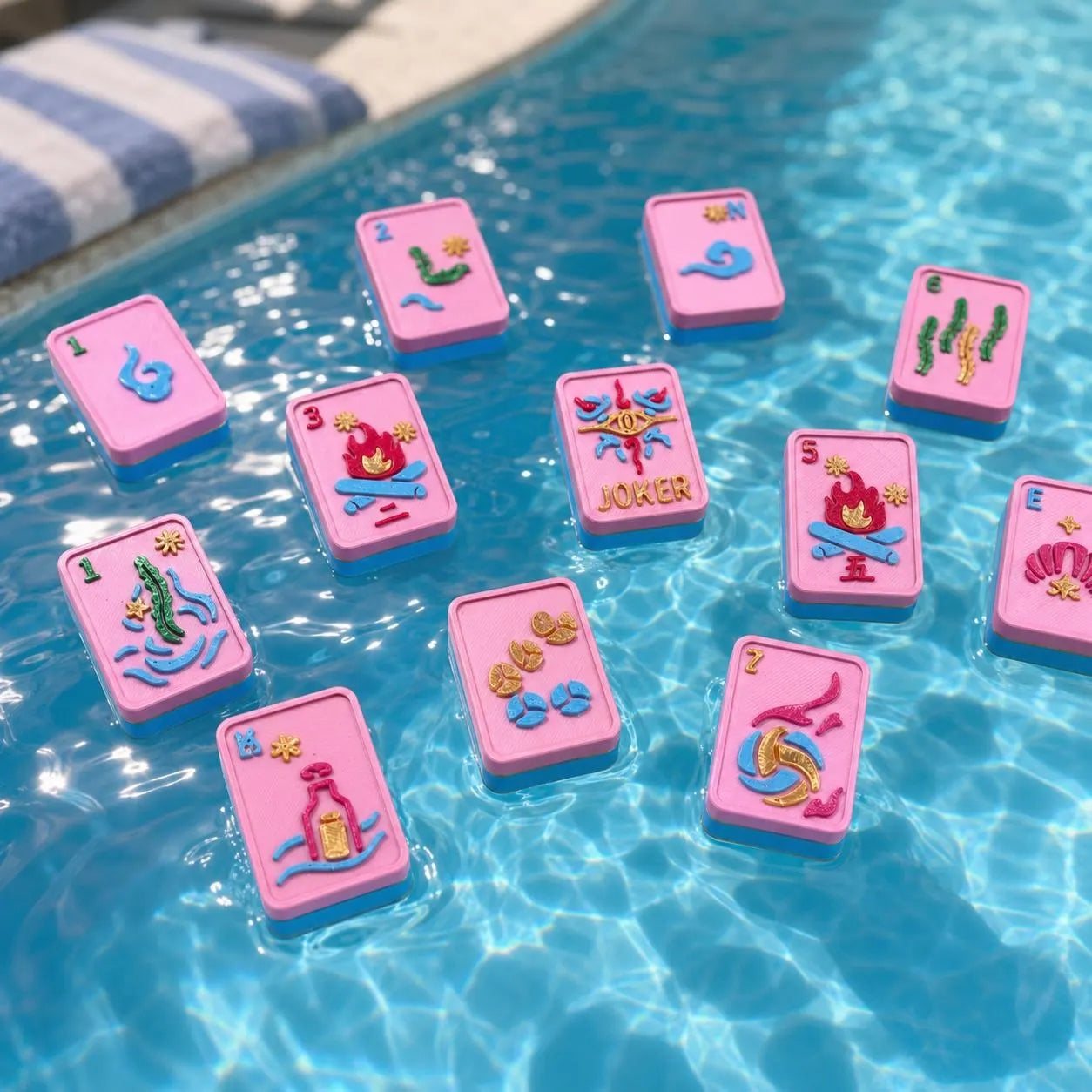 Beach Escape Floating American Mahjong Set – Pink & Blue Pool Mahjong Tiles