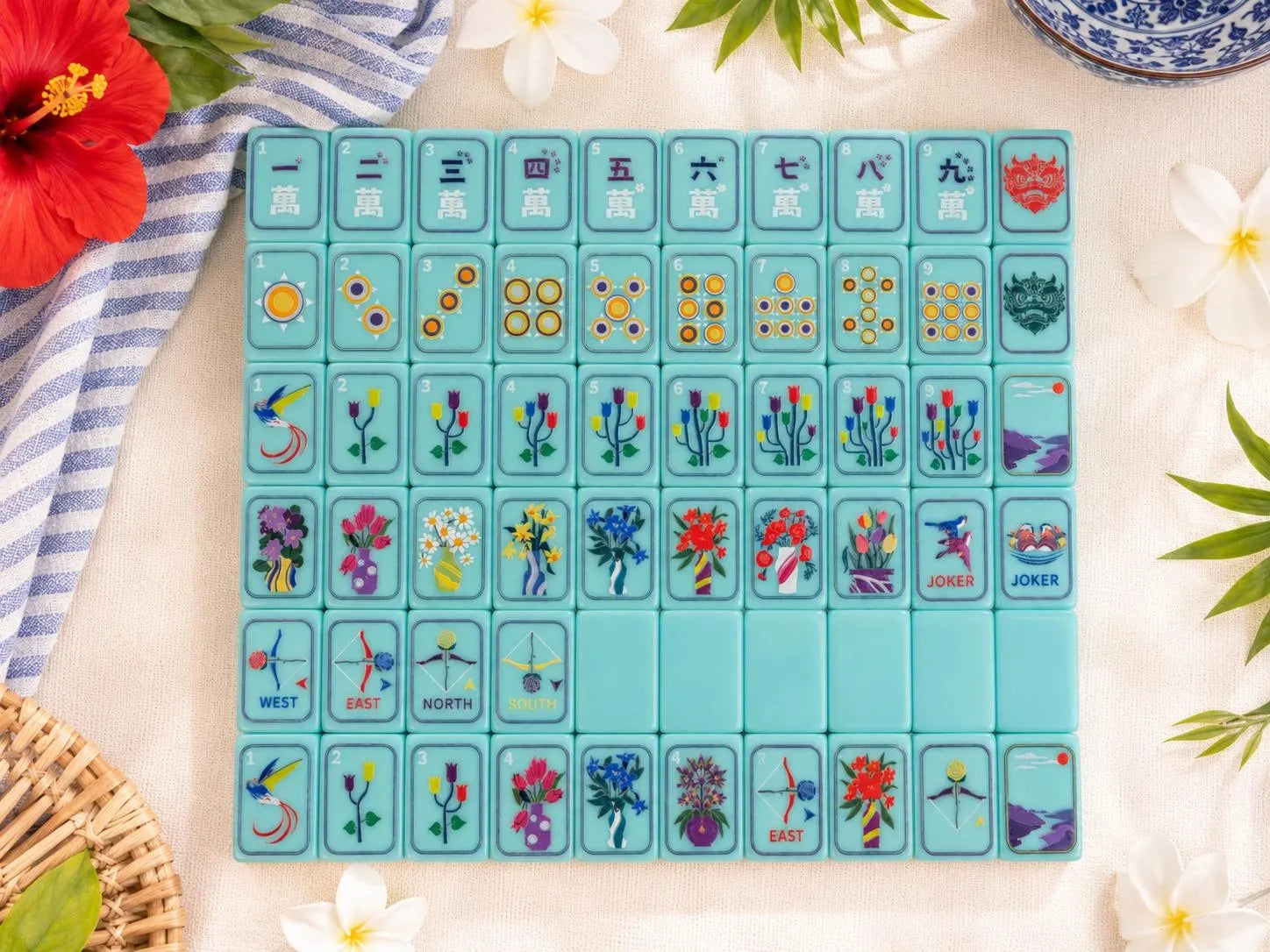 Aqua Blue Acrylic American Mahjong Set – 160 Floral Mahjong Tiles
