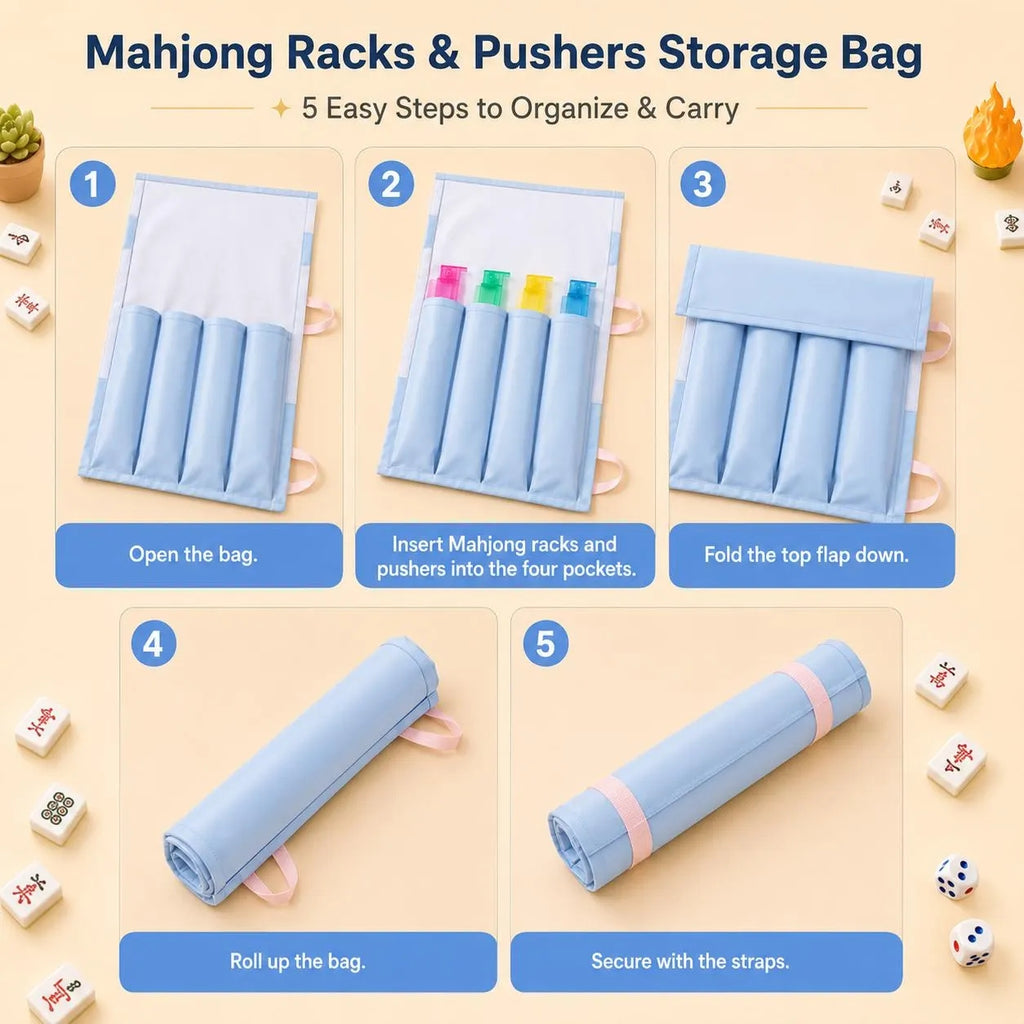 Mahjong Rack & Pusher Storage Bag | 4-Pocket Roll-Up Organizer