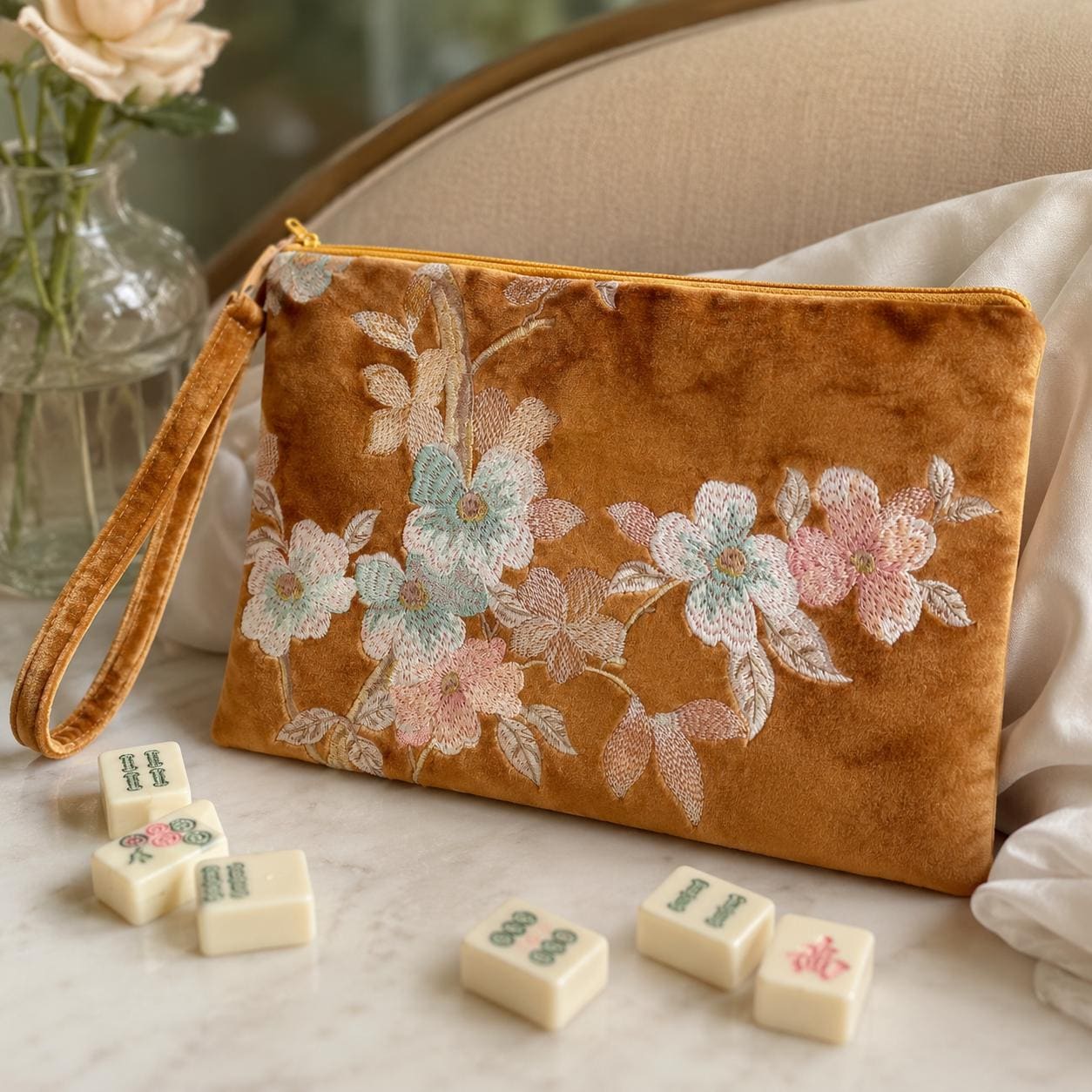 Velvet embroidered mahjong pouch — Summer Golden Brown